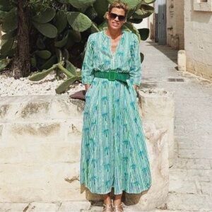 Nimo TuckerNuck Palm Tree Green Stripe Cotton Maxi Dress Preppy Resortwear Sz L